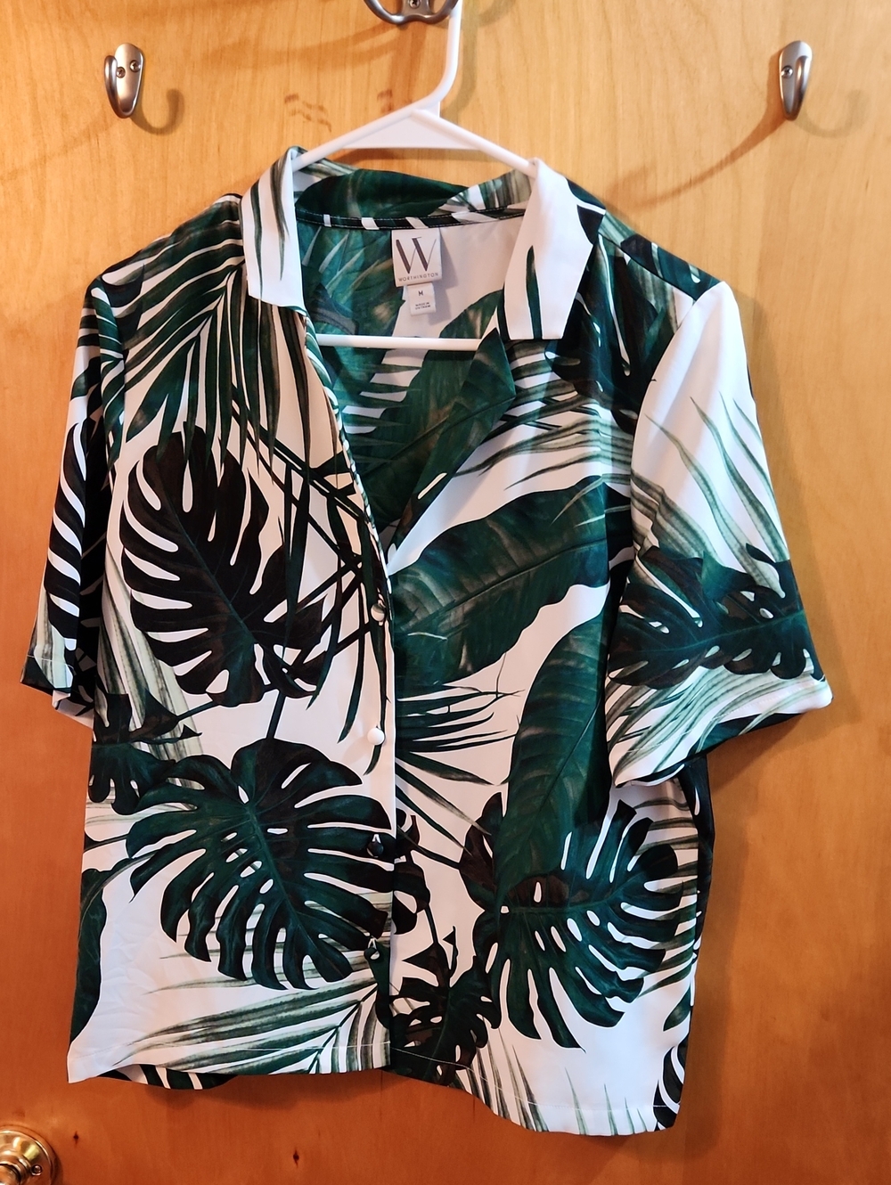 Worthington Short-Sleeve Tropical Leaf Print Shirt in Green and White